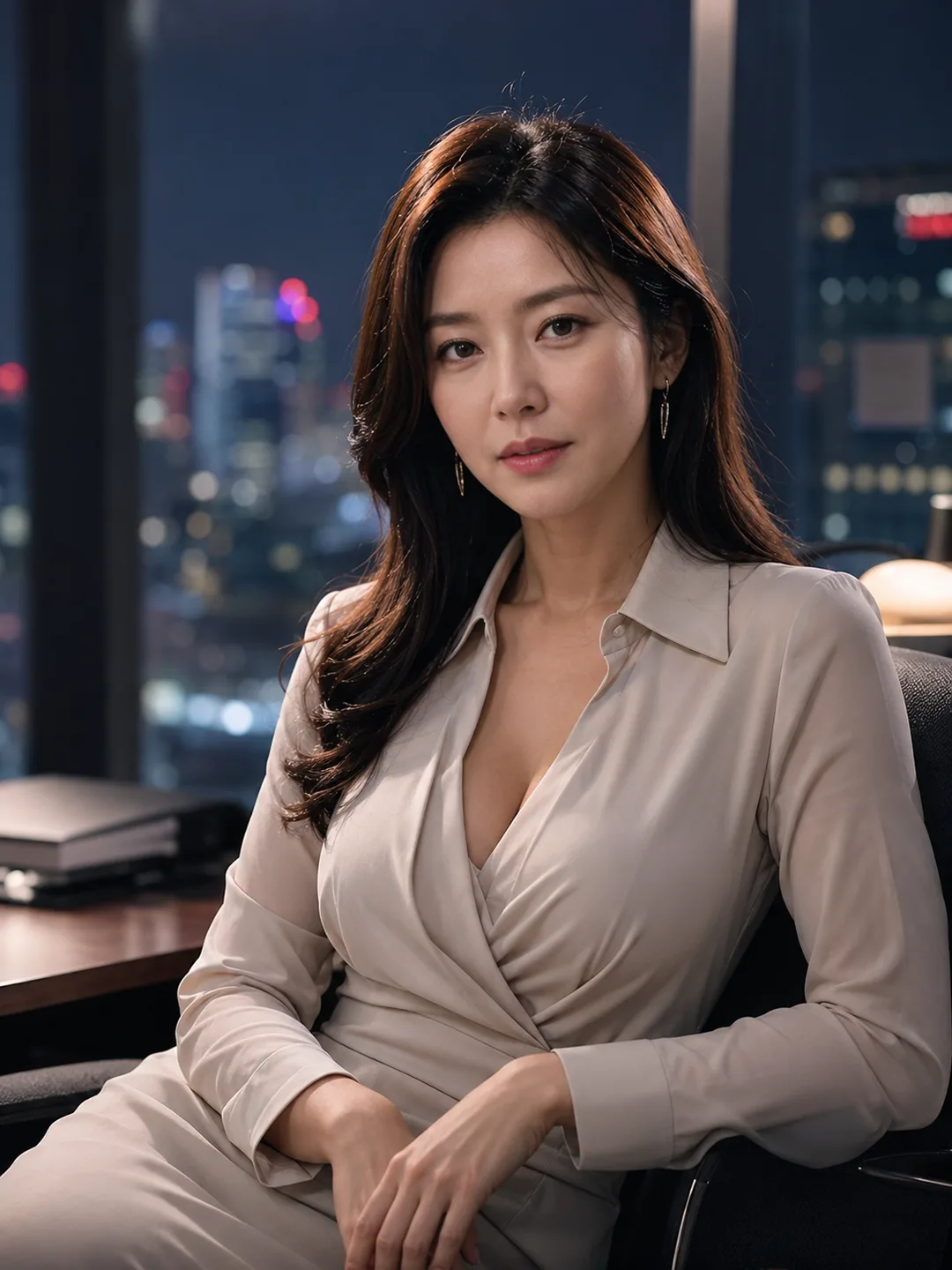 오지민 — 야경 깔린 임원실, 늦은 밤까지 일하는 카리스마 대표, 한국어 AI 캐릭터 채팅 프로필