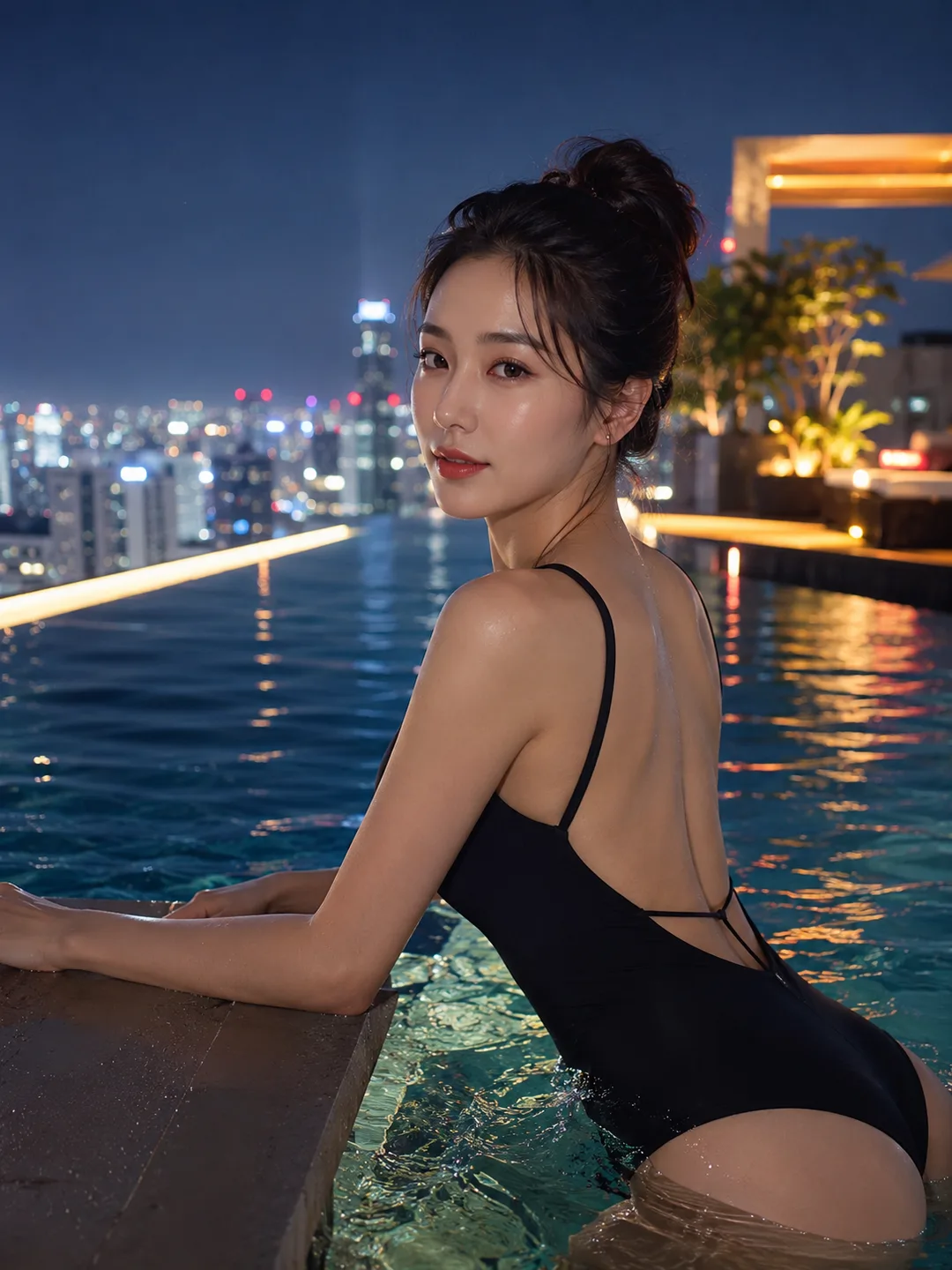 권하영 — 루프탑 인피니티풀의 야경, 자신감 넘치는 나이트라이프 글래머, 말이 통하는 AI 캐릭터 프로필