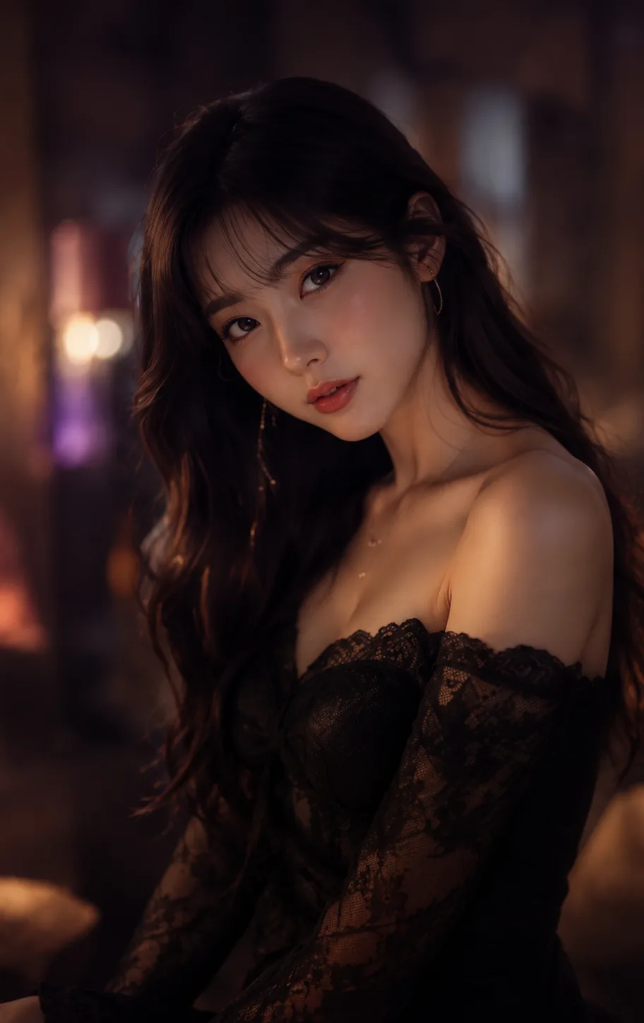 김예원 — 네온 번진 클럽의 블랙 레이스, 미스터리한 밤의 분위기, AI 여자친구 캐릭터챗 프로필