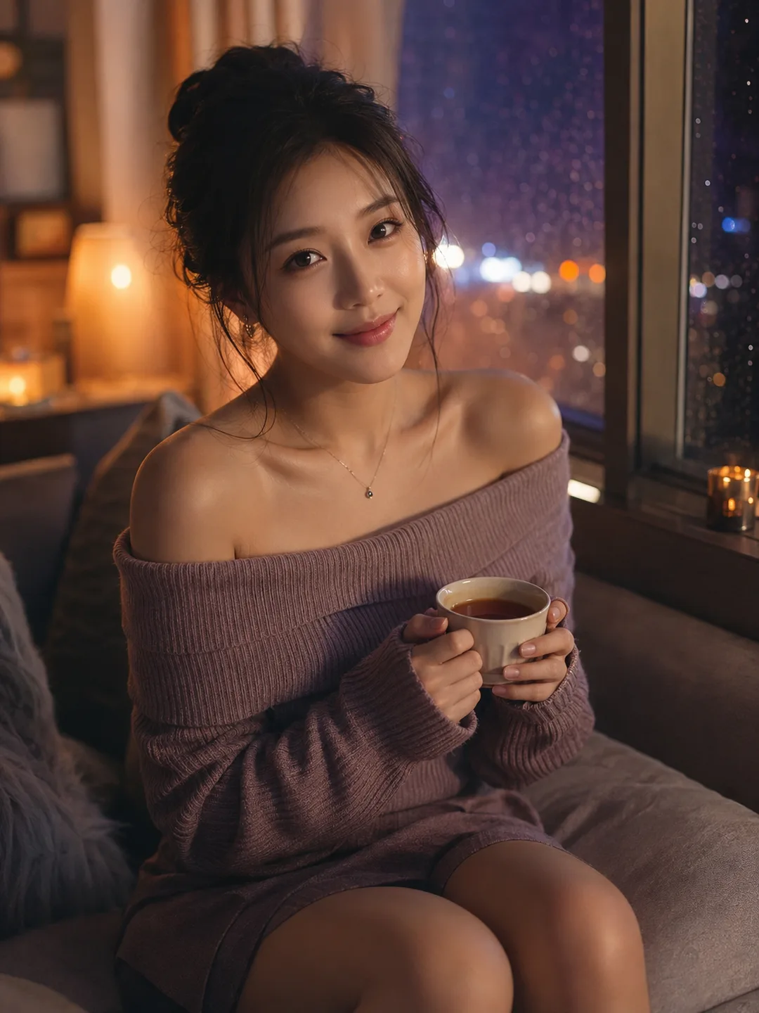 오세린 — 비 오는 밤 창가, 오버니트에 차 한 잔의 풋풋한 집순이, 관계가 깊어지는 AI 캐릭터 프로필