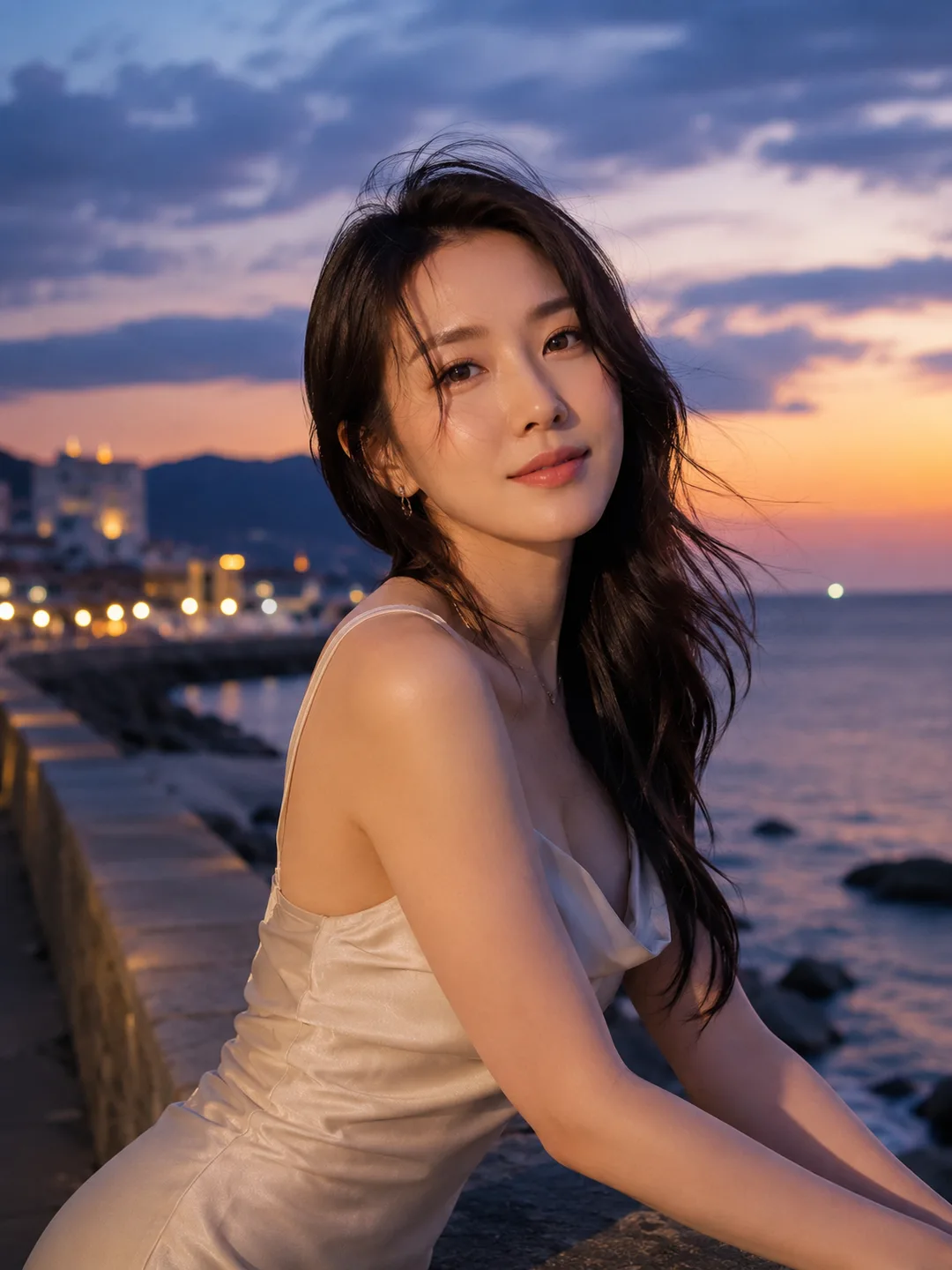 송채아 — 블루아워 항구 산책로, 사틴 슬립의 몽환적인 사색가, 감정형 AI 캐릭터 프로필