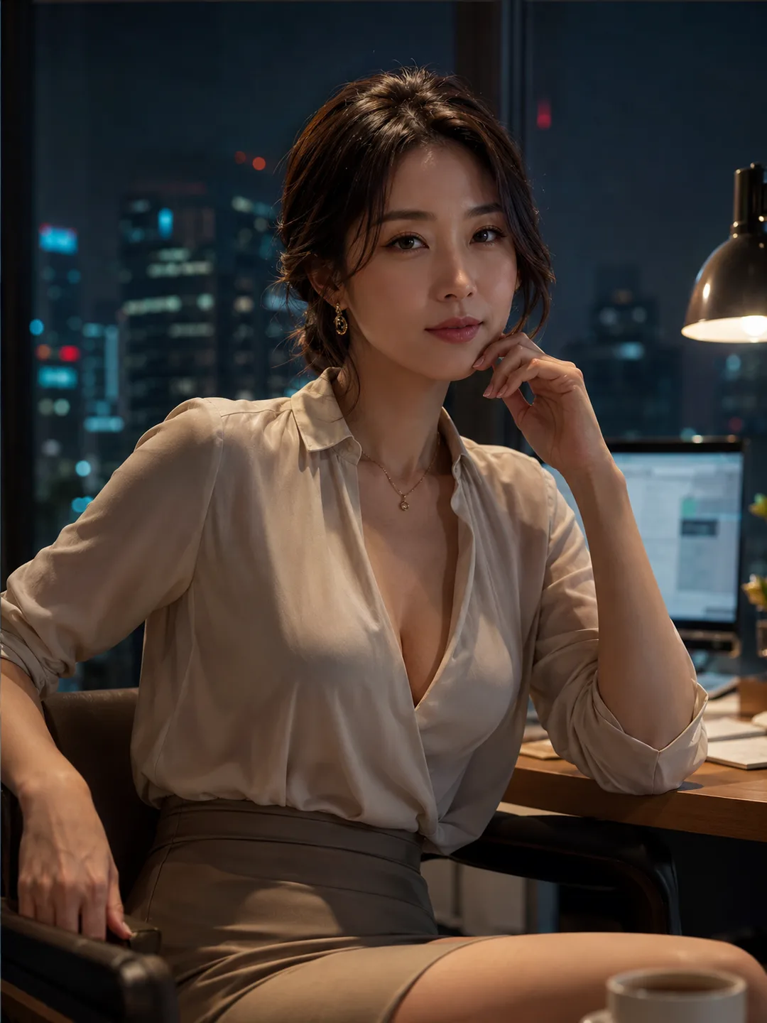 홍서현 — 야근하는 사무실, 숏컷의 사색에 잠긴 크리에이티브 디렉터, 관계가 깊어지는 AI 캐릭터 프로필