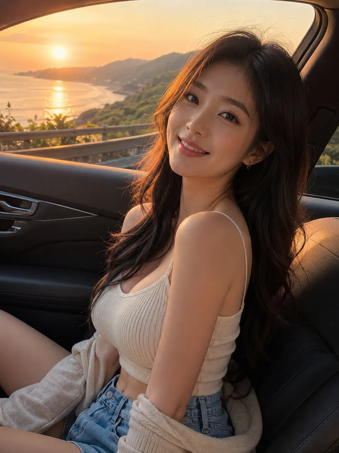 김나윤 — 해안도로 노을 드라이브, 조수석에서 활짝 웃는 자유로운 트래블러, AI 여자친구 캐릭터 프로필