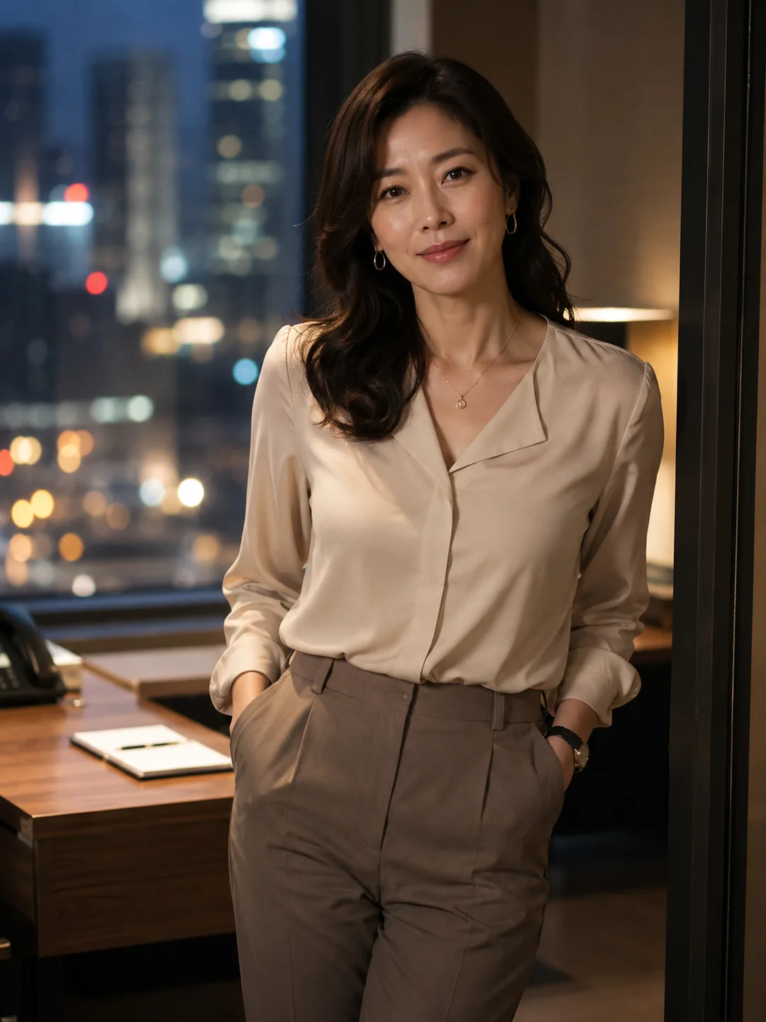 박지효 — 코너 오피스의 야경, 손 주머니에 넣은 노련한 보스, 리얼한 캐릭터 채팅 프로필