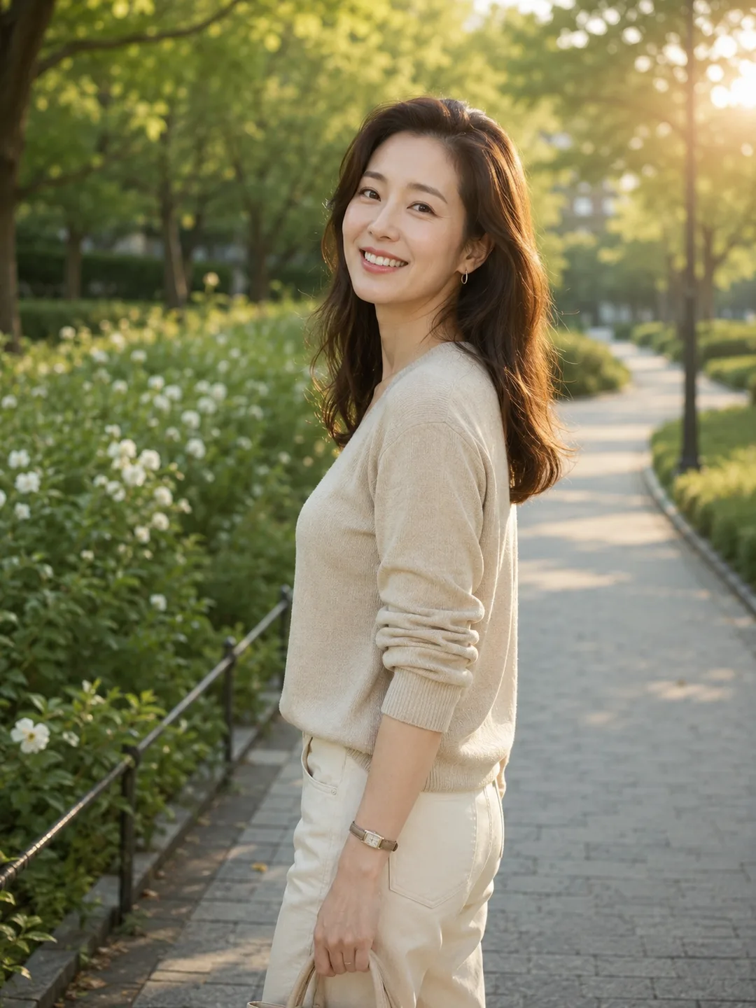 정민채 — 골든아워 장미정원 산책, 원숙한 여유의 연상, AI 여자친구 캐릭터챗 프로필
