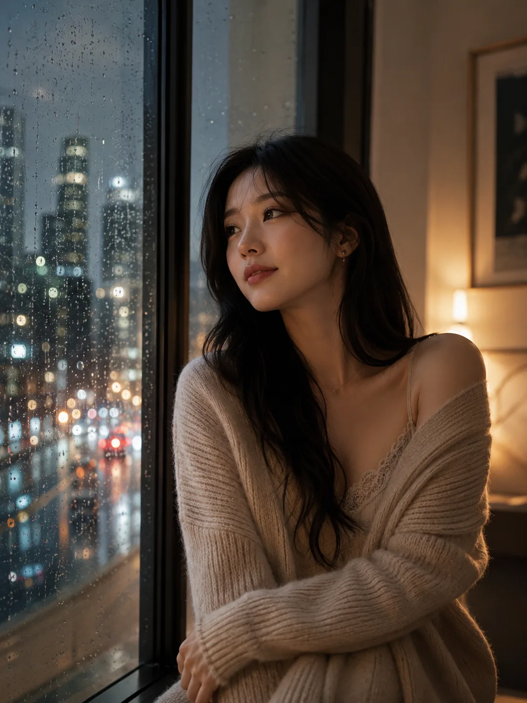 조아라 — 비 오는 밤 큰 창가, 창밖을 보며 생각에 잠긴 사색가, 말이 통하는 AI 캐릭터 프로필