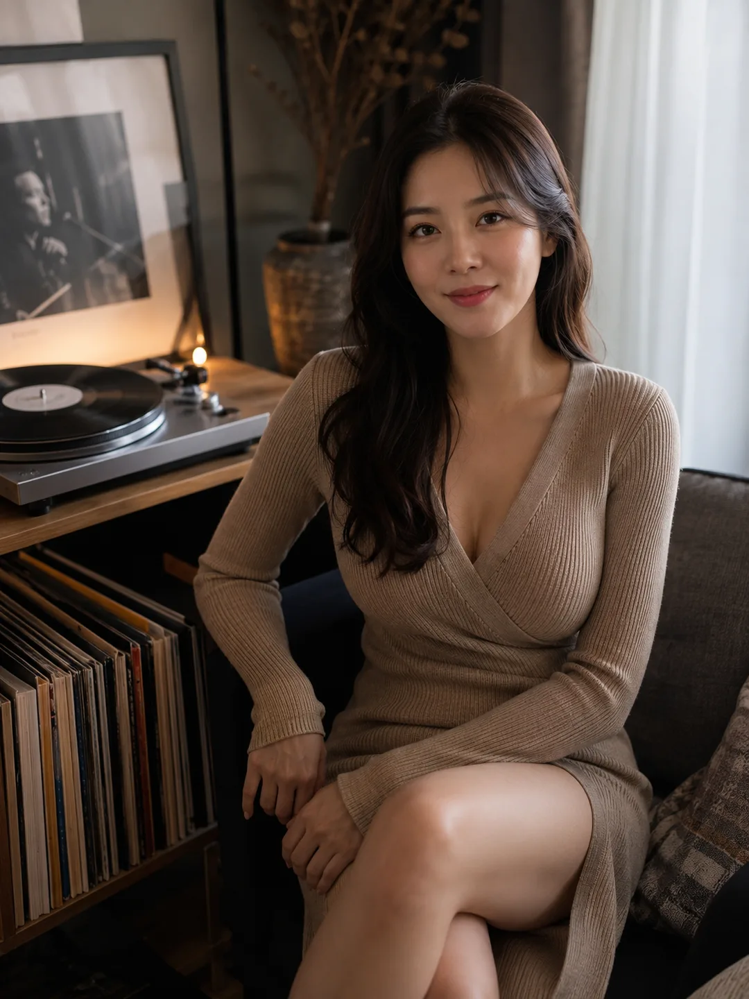 윤하진 — 거실 턴테이블 앞, 같이 음악 듣자는 따뜻한… 관계가 깊어지는 AI 캐릭터 프로필