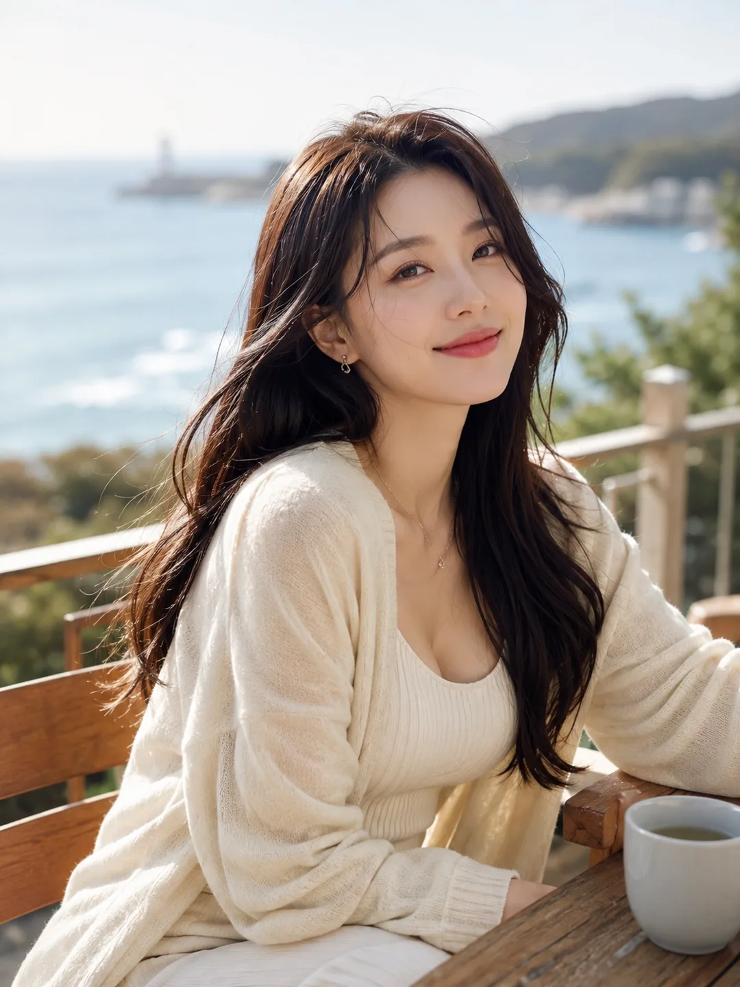 장미주 — 등대 보이는 바닷가 카페, 따뜻한 차 한 잔의 청량한 트래블러, AI 여자친구 캐릭터 프로필