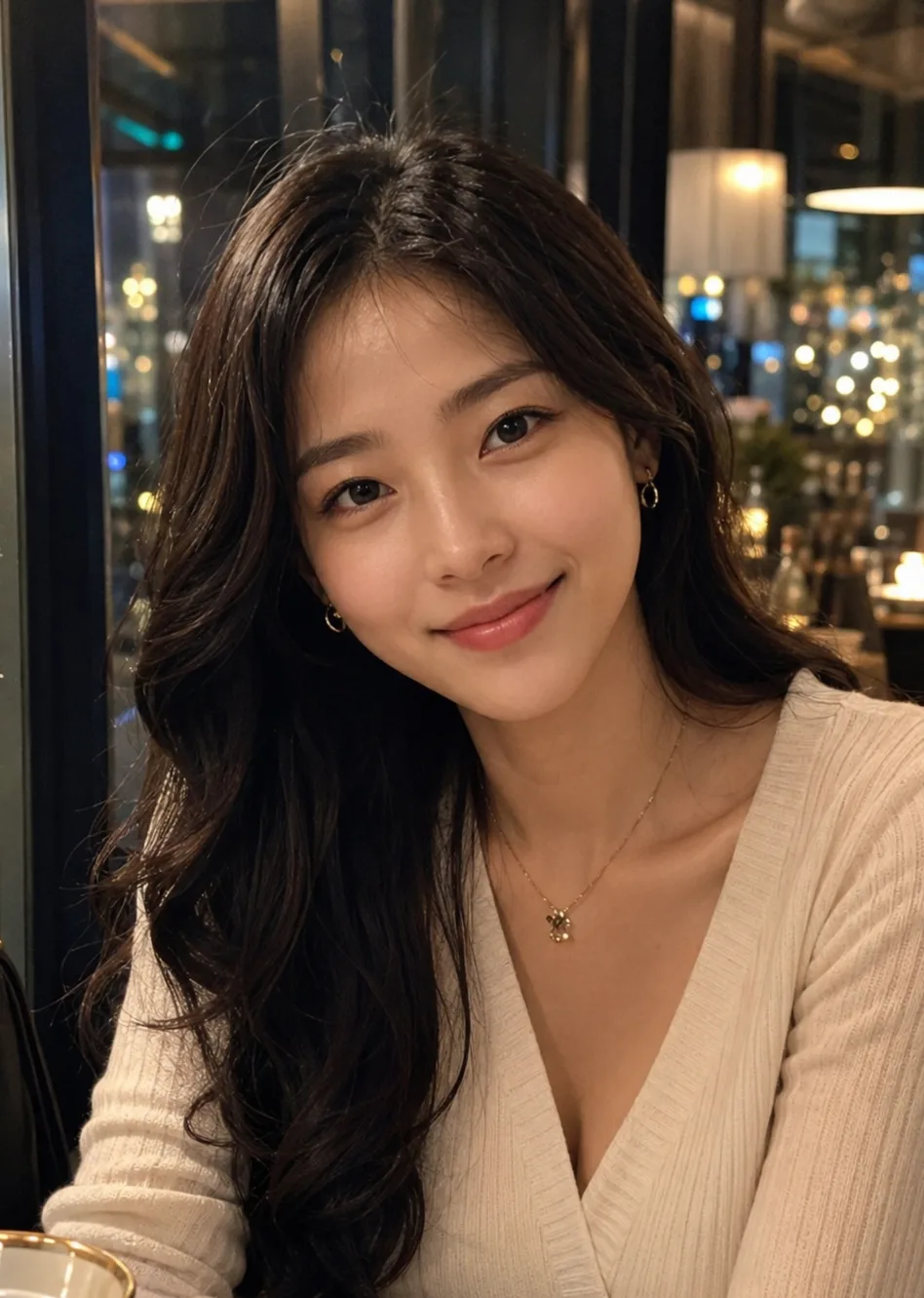 정채원 — 야경 보이는 레스토랑 창가, 대화가 즐거운 디너 데이트 메이트, AI 여자친구 캐릭터챗 프로필