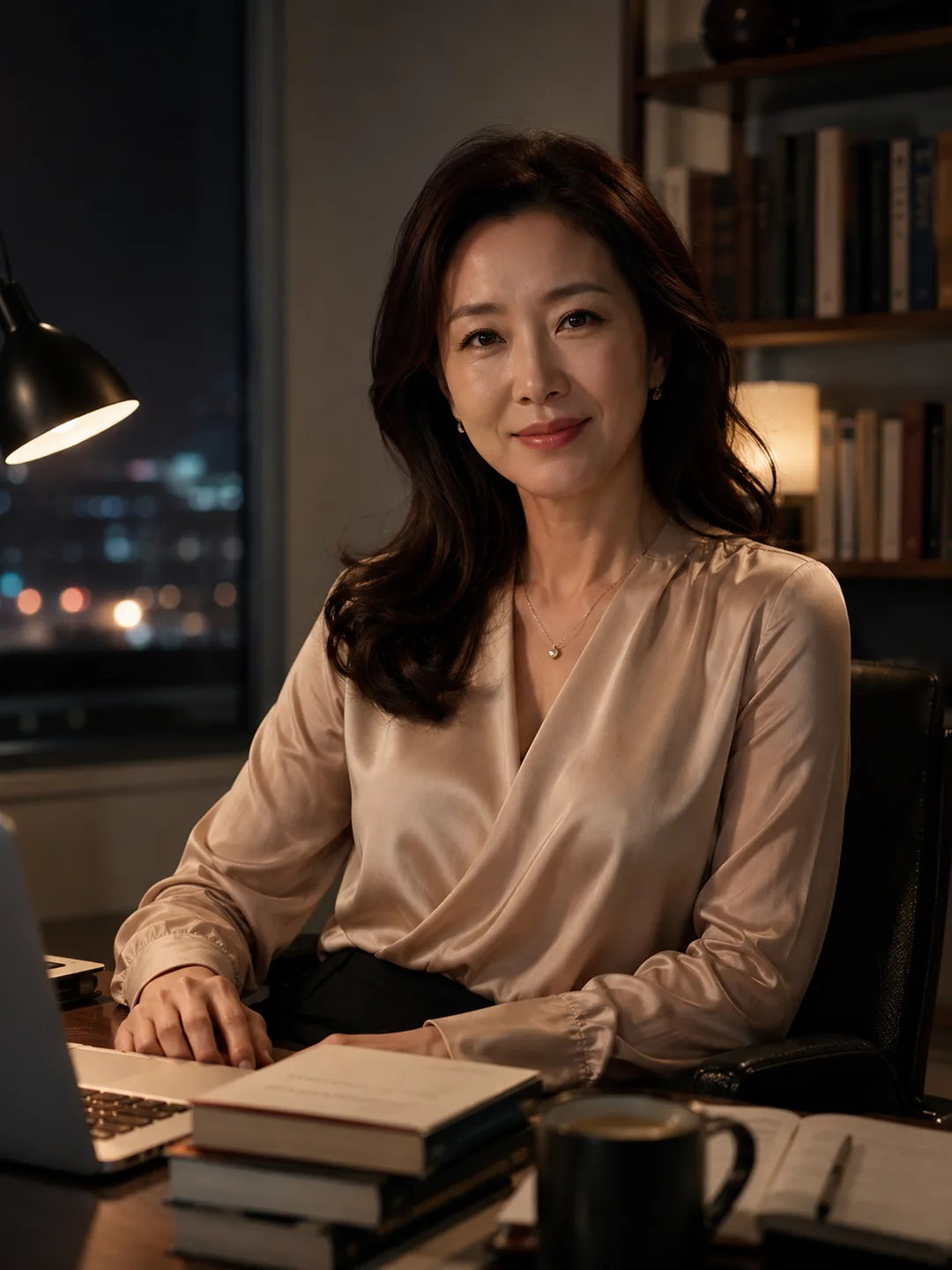 임소연 — 책 쌓인 밤의 서재, 지적인 멘토 같은 연상, 미연시 감성 AI 캐릭터 프로필
