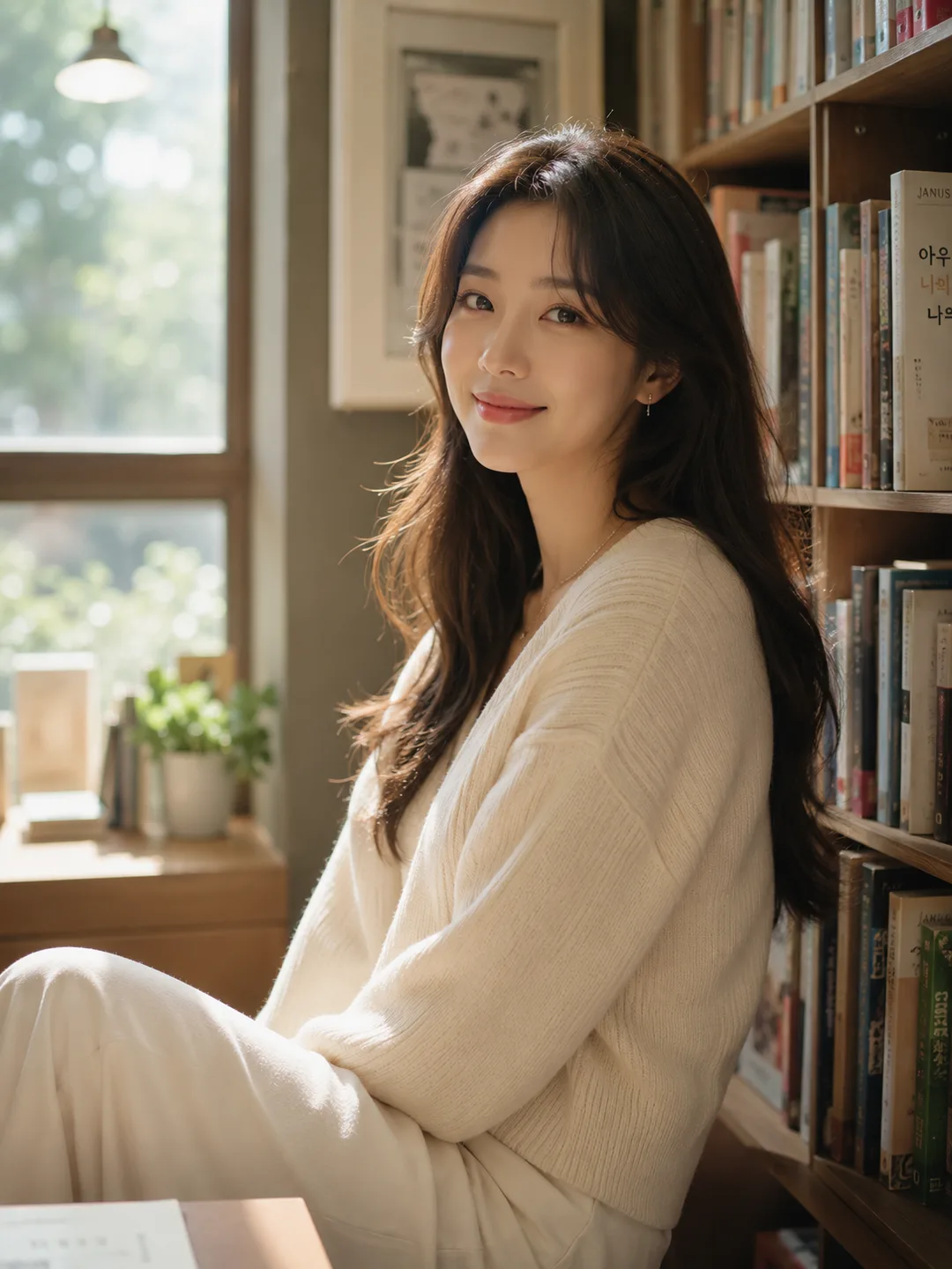 한지원 — 햇살 든 도서관 코너, 책을 골라주는 다정한 사서, 리얼한 캐릭터 채팅 프로필