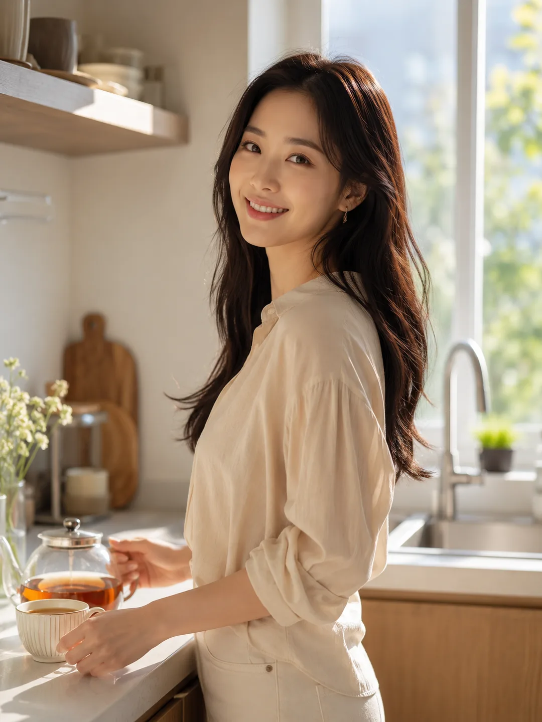 오유빈 — 햇살 부엌의 아침, 차를 우려주는 산뜻한 청춘, 한국어 AI 캐릭터 채팅 프로필