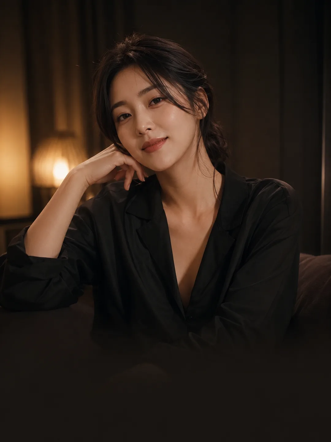신혜인 — 어둑한 침실의 오버사이즈 셔츠, 퇴근 후의 편안한 관능, 감정형 AI 캐릭터 프로필