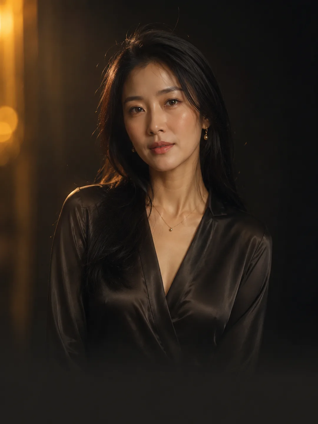 안채린 — 어둠 속 블랙 새틴과 진주, 고요한 카리스마의 연상, AI 여자친구 캐릭터 프로필