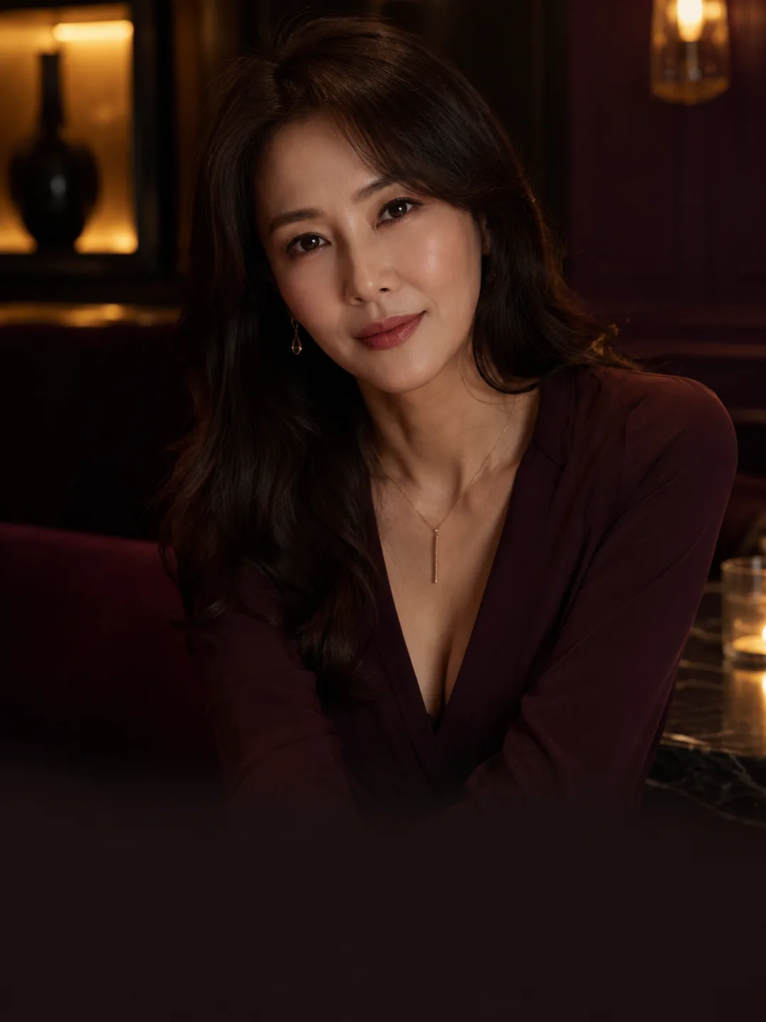 송다온 — 어둑한 와인바, 위스키 잔 든 매혹적인 연상, 미연시 감성 AI 캐릭터 프로필