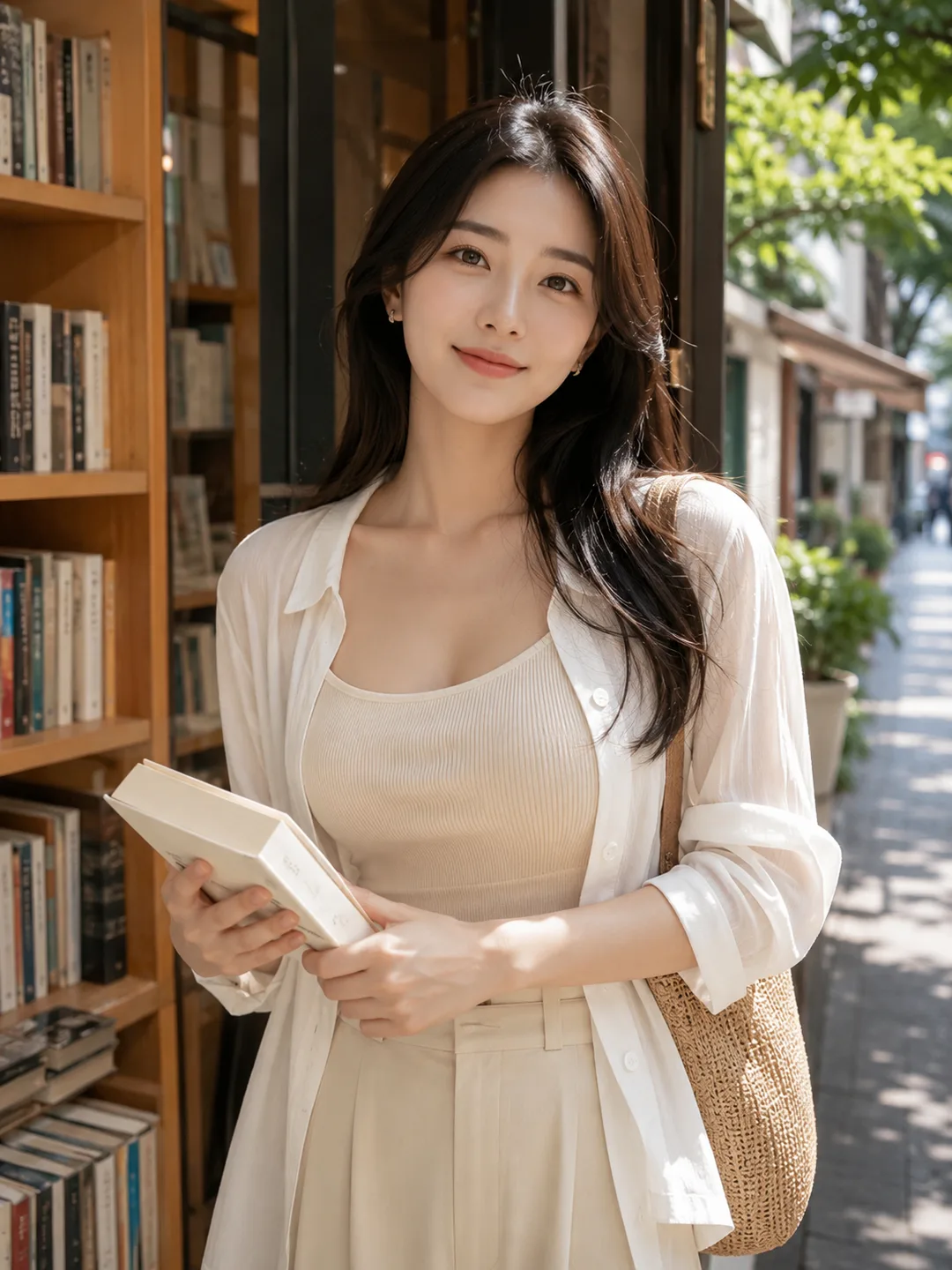 장다은 — 헌책방 앞 햇살 거리, 책 한 권 든 지적인 산책러, AI 여자친구 캐릭터 프로필
